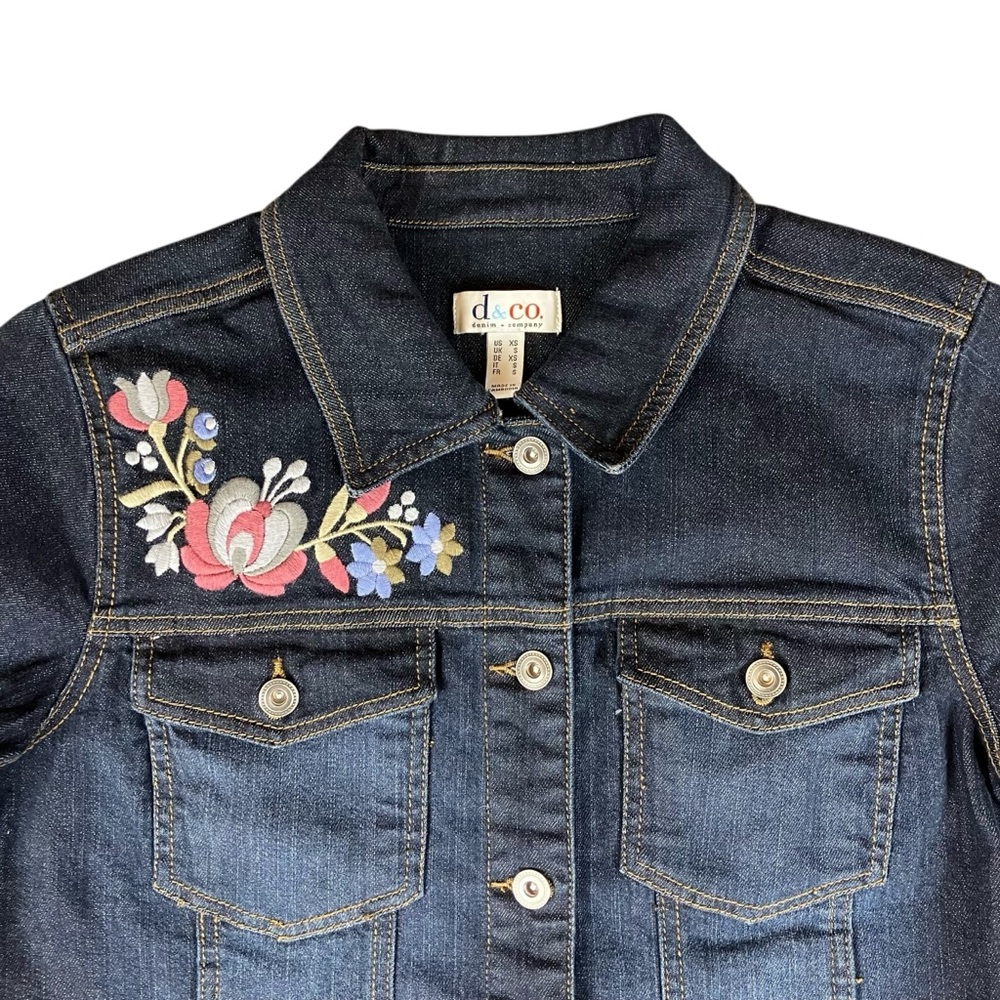 Embroidered Floral Jean Jacket Women's XS Wildflowers Dark Wash Denim
